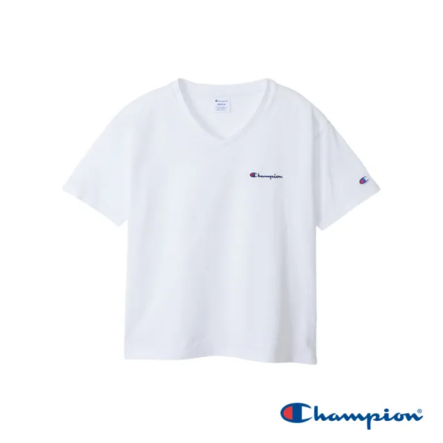 【Champion】官方直營-純棉寬版草寫LOGO刺繡V領短袖TEE-女(白色)