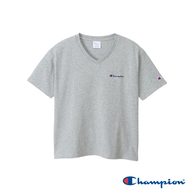 【Champion】官方直營-純棉寬版草寫LOGO刺繡V領短袖TEE-女(灰色)