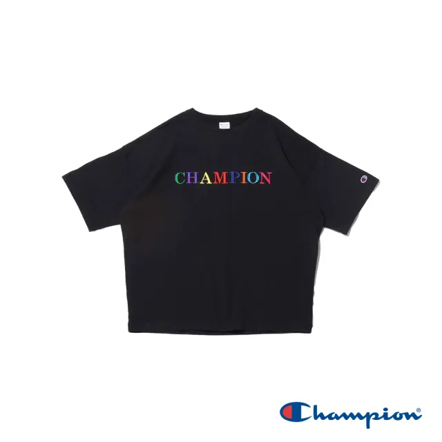 【Champion】官方直營-純棉寬版落肩彩色LOGO刺繡短袖TEE-女(黑色)