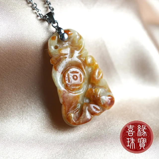 【喜緣玉品】天然紅黃翡仿古俏色如意有福項鍊(A貨翡翠)