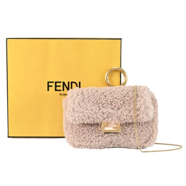 【FENDI 芬迪】經典雙F LOGO羊毛鑰匙扣信用卡包小廢包斜背包(乾燥粉)