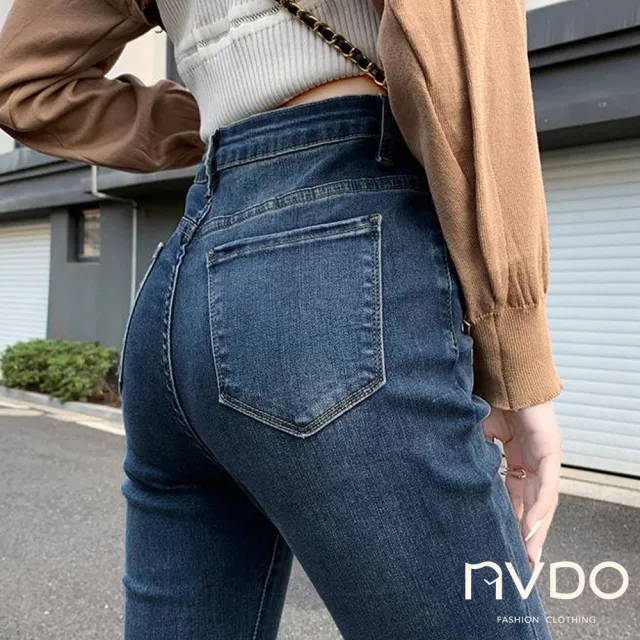 【NVDO】現貨 復古來襲瘦瘦腿喇叭牛仔褲-3色可選(M-2XL/微彈力面料/F068)