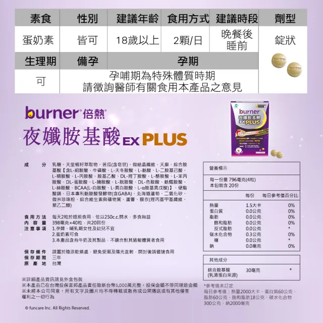 【船井burner倍熱】夜孅胺基酸EX PLUS 3盒(共120顆)+極纖錠3袋(共12顆)