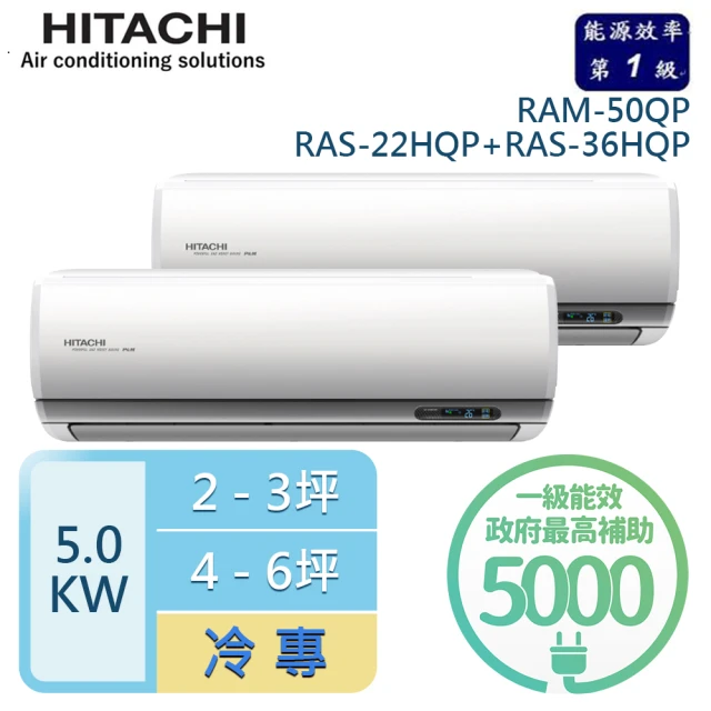 HITACHI 日立 2-3坪+4-6坪 R32一級能效變頻冷專一對二分離式冷氣(RAM-50QP/RAS-22HQP+RAS-36HQP)