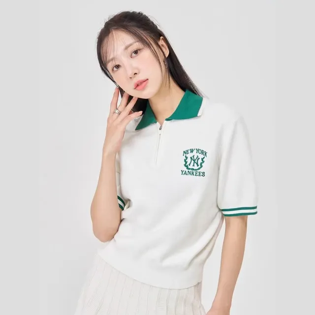 【MLB】女版短版半拉鍊 POLO衫 Varsity系列 紐約洋基隊(3FKPV0543-50IVS)