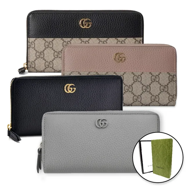 【GUCCI 古馳】456117 經典Petite Marmont 皮革拼接帆布拉鍊長夾(顏色任選)