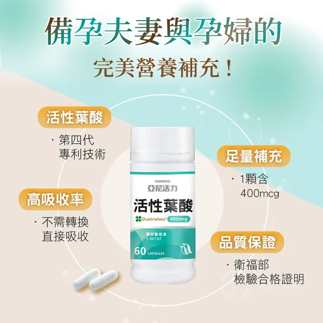 【YANNIGO 亞尼活力】義大利專利活性葉酸膠囊1瓶60顆(準備懷孕營養推薦)