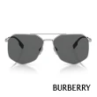 【BURBERRY 巴寶莉】雙槓多邊框太陽眼鏡(銀 深灰鏡片#B3139 100587-58mm)