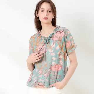 【TOWN’WEAR 棠葳】花卉印花綁結雪紡上衣(中大尺碼/女上衣 /女上著/短袖/領結/透膚/清涼)