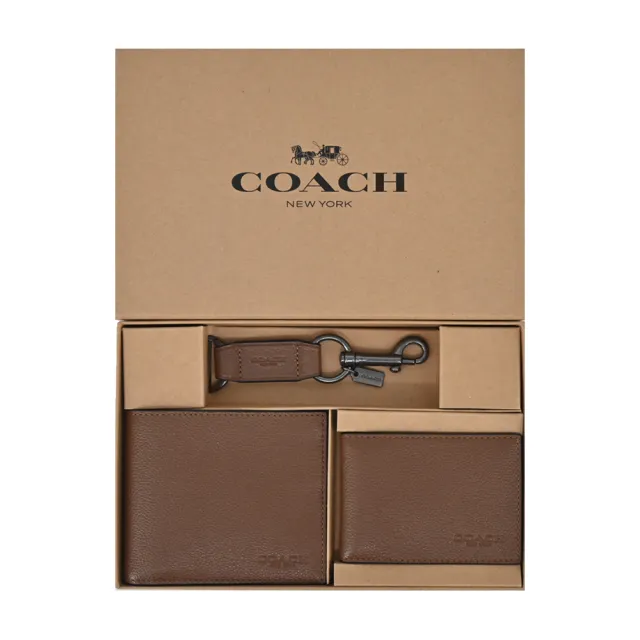 【COACH】經典素面壓印LOGO 素面荔枝紋皮革男款8卡短夾禮盒(附證件夾/棕色)