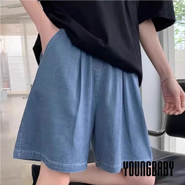 YOUNGBABYYOUNGBABY 寬鬆輕薄涼爽天絲牛仔五分褲 中大尺碼女裝(深藍)