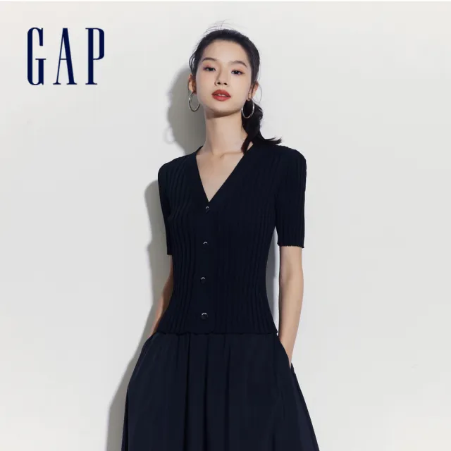 【GAP】女裝 V領短袖針織衫-黑色(512561)