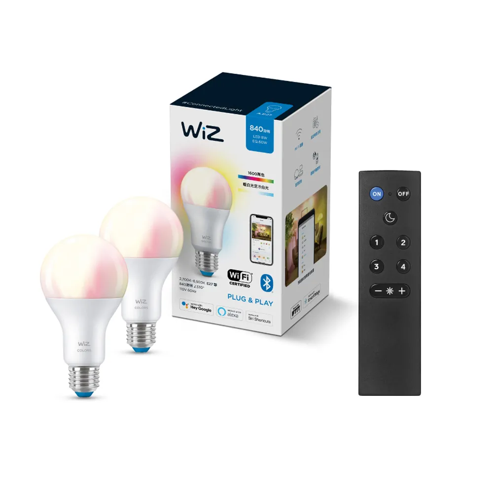 【Philips 飛利浦】Wi-Fi WiZ 智慧照明 全彩燈泡2入+搖控器(PW04N)