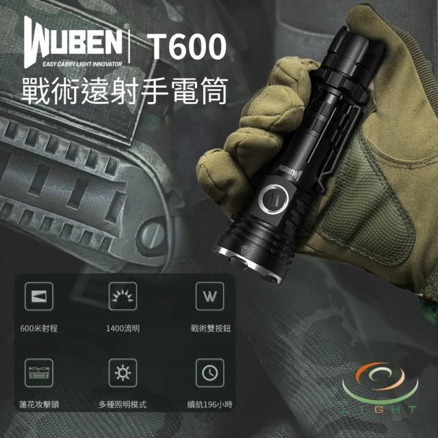 【WUBEN】錸特光電 T600 1400流明 600米 戰術遠射手電筒(高亮 攻擊頭 戰術雙按鈕 附三色濾鏡片 巡邏)