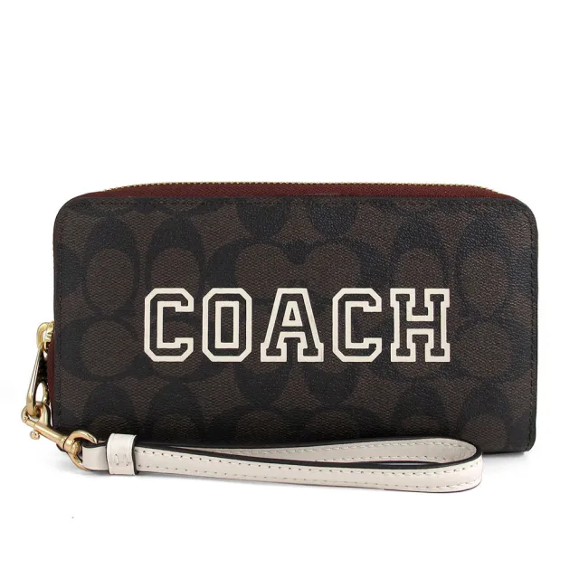 【COACH】品牌字母防刮手掛式拉鍊長夾(咖白色)