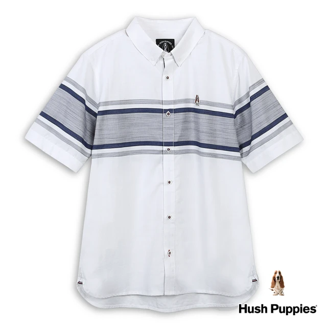 Hush Puppies 男裝 襯衫 簡約橫條紋撞色拼接刺繡小狗短袖襯衫(白色 / 43112102)