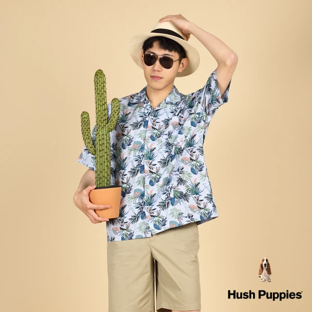 Hush Puppies 男裝 襯衫 海灘風刺繡漁夫帽狗古巴領寬版花襯衫(水藍 / 43112109)