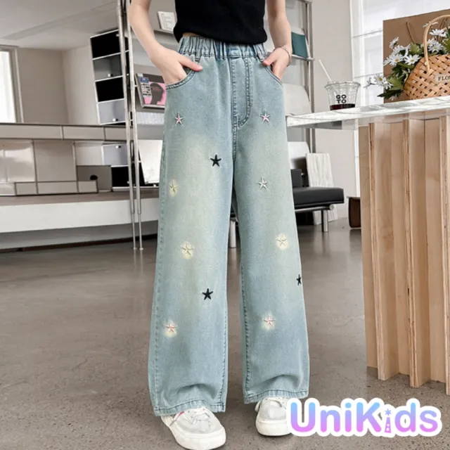 【UniKids】中大童裝薄款牛仔長褲 個性甜美風刺繡星星 女大童裝 VPXEY221(藍)