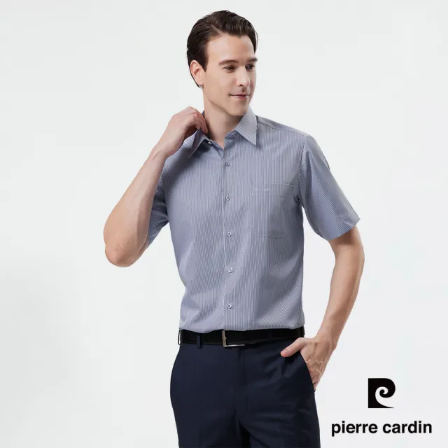 【pierre cardin 皮爾卡登】男襯衫 抗皺舒適棉混紡舒適耐磨商務條紋短袖襯衫_灰底黑細條(42251-93)