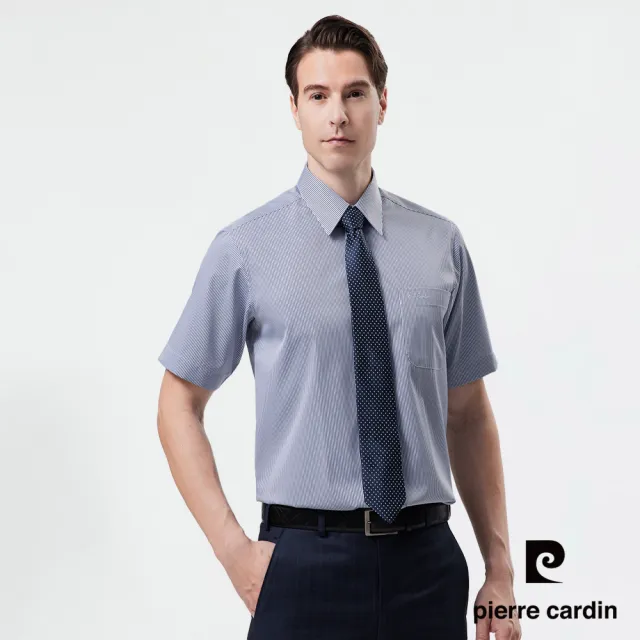 【pierre cardin 皮爾卡登】男襯衫 抗皺舒適棉混紡舒適耐磨商務條紋短袖襯衫_灰底黑細條(42251-93)