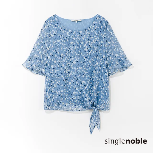 【SingleNoble 獨身貴族】夏日清新小花印花綁繩五分袖造型上衣-有裡布(2色)
