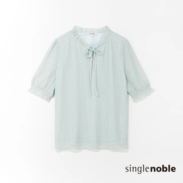 【SingleNoble 獨身貴族】典雅變形半月直條印花五分袖上衣-有裡布(2色)