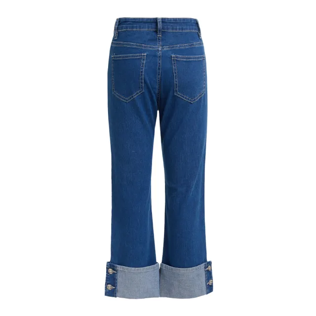 【ILEY 伊蕾】反摺側開叉排扣棉質牛仔褲(藍色；M-XL；1242478604)