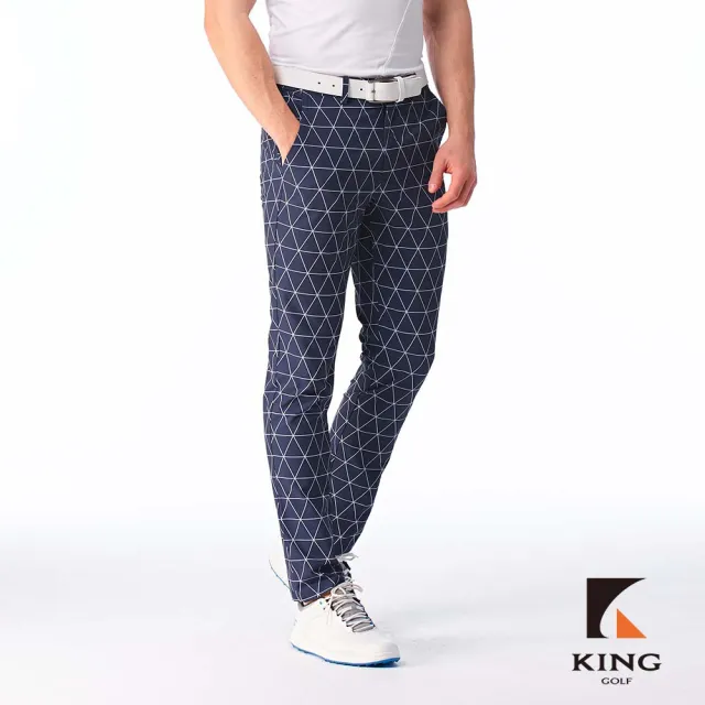 【KING GOLF】實體同步款-男款素色滿版菱格紋線條印花修身彈性休閒長褲/高爾夫球長褲(丈青)