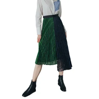 【Who Cares】時髦雙色菱格紋設計感壓褶紗裙(綠色)