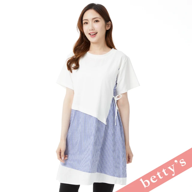 betty’s 貝蒂思 直條紋拼接綁帶長版T-shirt(白色)