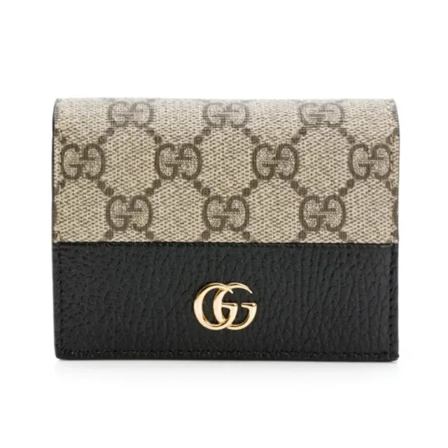 【GUCCI 古馳】658610 經典金屬雙G LOGO牛皮拚帆布暗釦萬用信用卡夾/短夾(兩色可選)