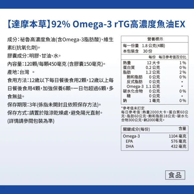 【達摩本草】92% Omega-3 rTG高濃度魚油EX 1入組+隨手包1包(共124顆)