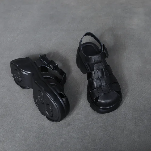 【Vecchio】真皮涼鞋 厚底涼鞋/真皮頭層牛皮復古羅馬縷空編織厚底涼鞋(黑)
