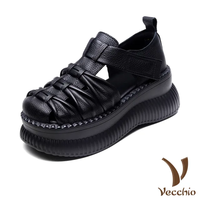 【Vecchio】真皮涼鞋 厚底涼鞋/真皮頭層牛皮復古縷空編織鬆糕厚底羅馬涼鞋(黑)