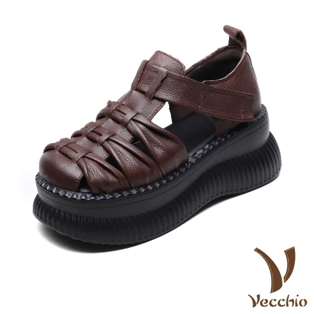 【Vecchio】真皮涼鞋 厚底涼鞋/真皮頭層牛皮復古縷空編織鬆糕厚底羅馬涼鞋(棕)
