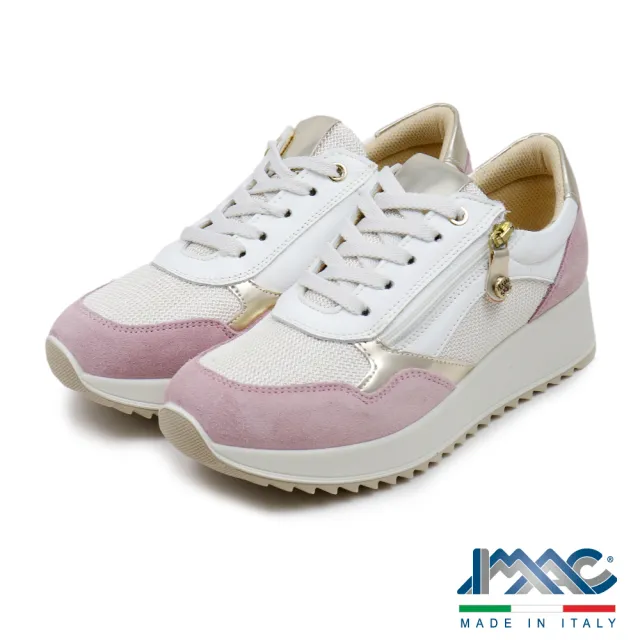 【IMAC】義大利原廠增高麂皮拉鍊拼接綁帶休閒鞋 粉白色(556940-CHI/WH)