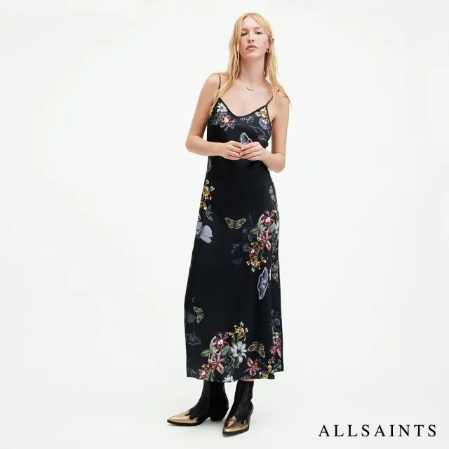 【ALLSAINTS】獨特修身細肩碎花印花中長版洋裝(修身版型)