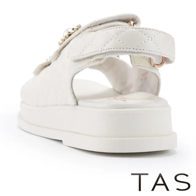 【TAS】珍珠飾釦菱格縫線真皮厚底涼鞋(米白)