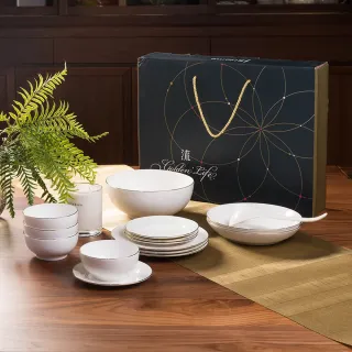 【IUSE】JsHome 流金新骨瓷15件碗盤餐具禮盒組(可微波金邊/碗/盤/湯盤/深盤/可機洗)