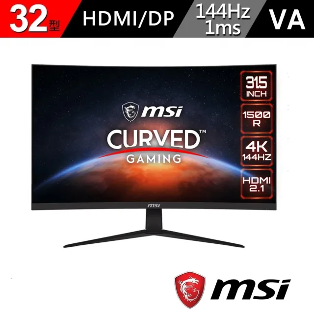 【MSI 微星】雷蛇白色有線電競滑鼠組★G321CU 32型 VA 4K 144Hz曲面電競螢幕(1500R/FreeSync/HDMI2.1/Type-