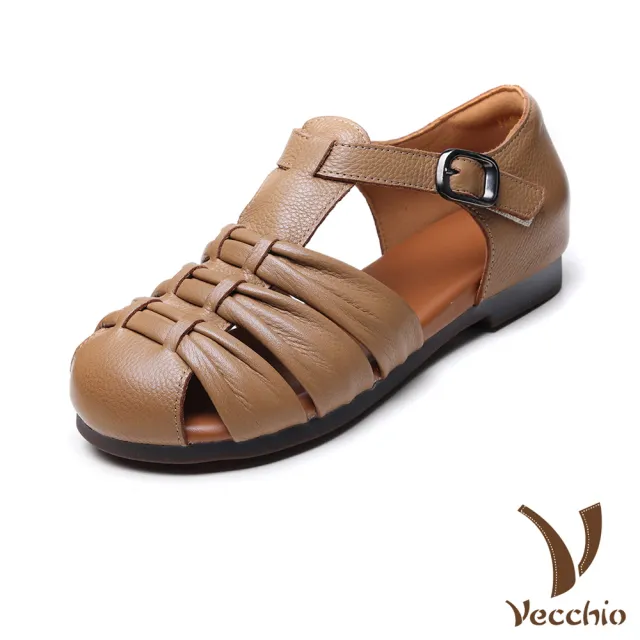 【Vecchio】真皮涼鞋 低跟涼鞋/真皮頭層牛皮手工編織舒適軟底低跟涼鞋(杏)