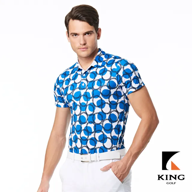 【KING GOLF】實體同步款-趣味圓圈滿版印花燙印LOGO透氣涼感開襟短袖POLO衫/高爾夫球衫(藍色)