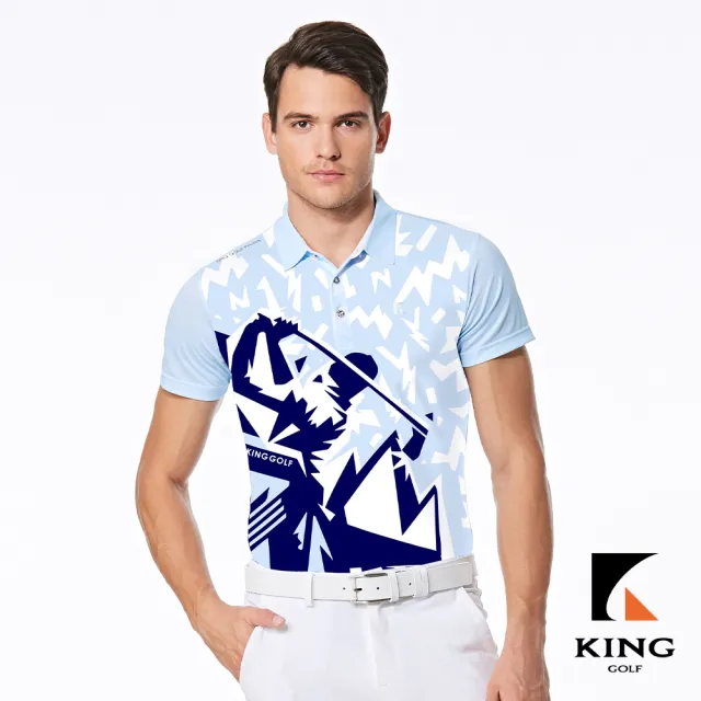 【KING GOLF】實體同步款-男款高爾夫插畫設計印花燙印LOGO透氣涼感開襟短袖POLO衫/高爾夫球衫(藍色)