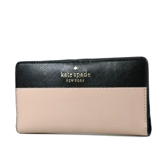 【KATE SPADE】銀字防刮十字紋拚色釦式中夾-黑/杏