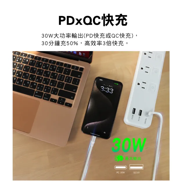 【PX 大通-】3年保固防火雷USB TYPE C 4開3插3孔1.8米 電源 插座 三孔 延長線4切3座1.8m6尺(PEC-343P6W)