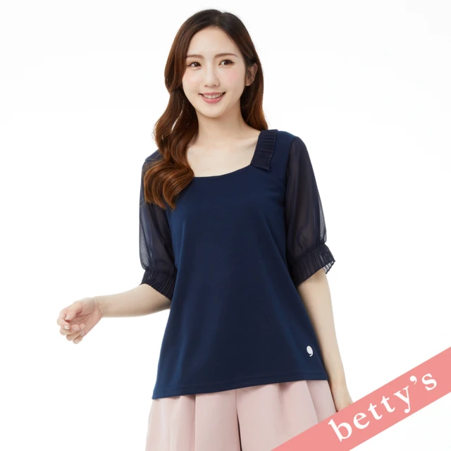 betty’s 貝蒂思 澎澎紗袖壓褶方領T-shirt(深藍)