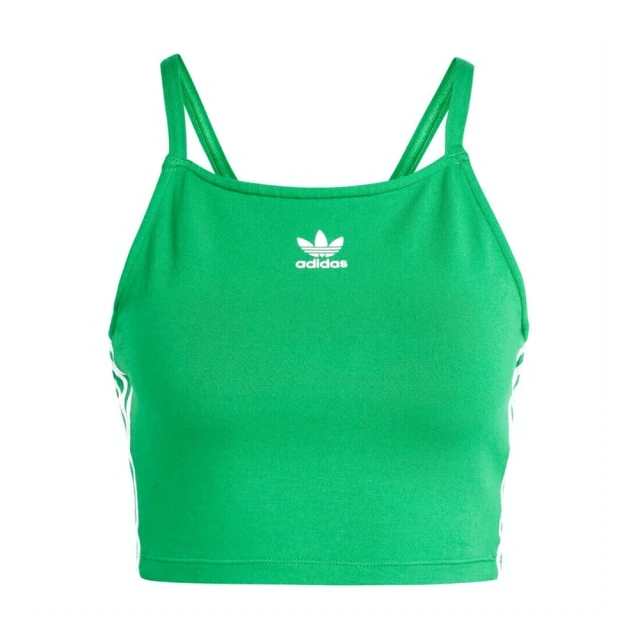 adidas 愛迪達 3 S Crop Top 女 短版 背心 細肩帶 方領 休閒 經典 三葉草 修身 綠(IN8380)