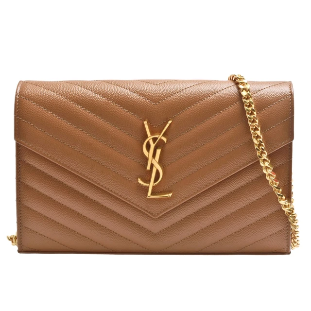 YSL 經典MONOGRAM系列V字縫線牛皮金屬LOGO金鍊手拿/斜背包(焦糖棕色377828-BOW01-2516)