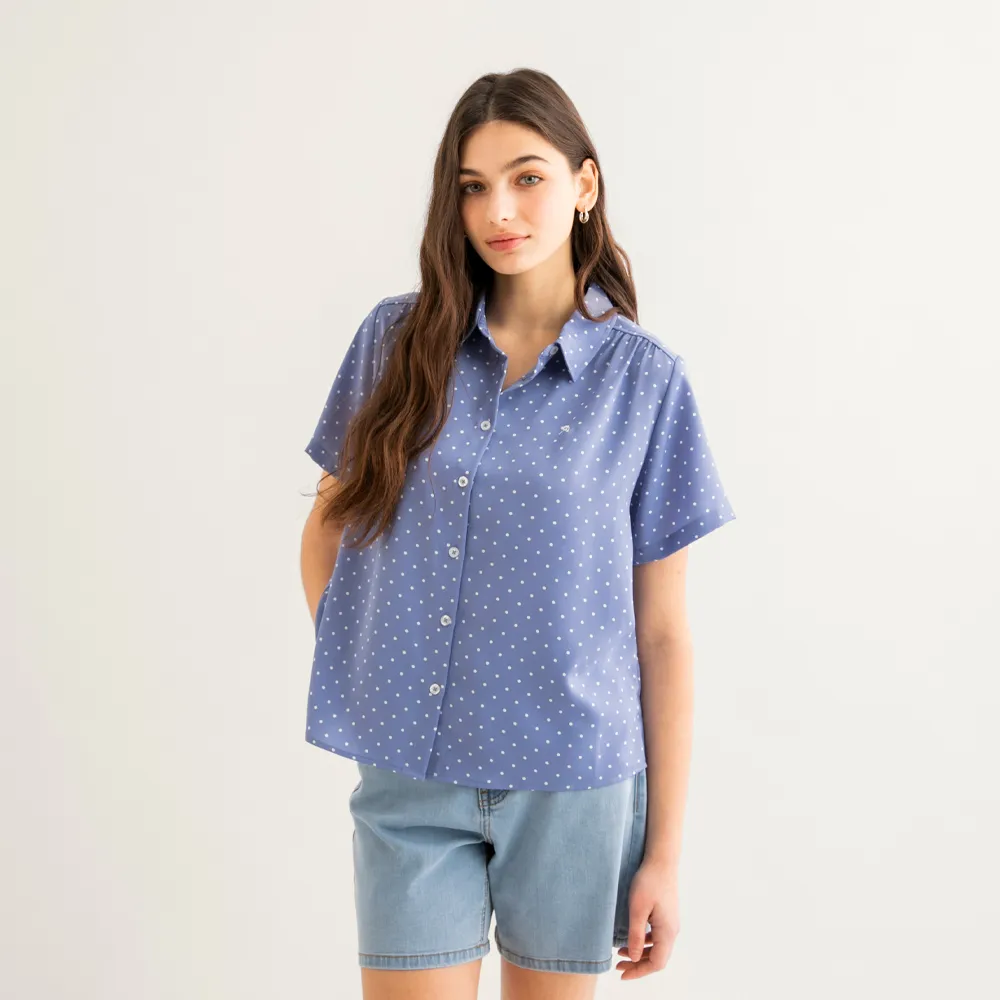 【Arnold Palmer 雨傘】女裝-時尚滿版圓點短袖襯衫(藍色)