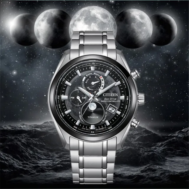 【CITIZEN 星辰】GENTS 月相電波接收 鈦金屬 計時手錶-43mm(BY1018-80E)
